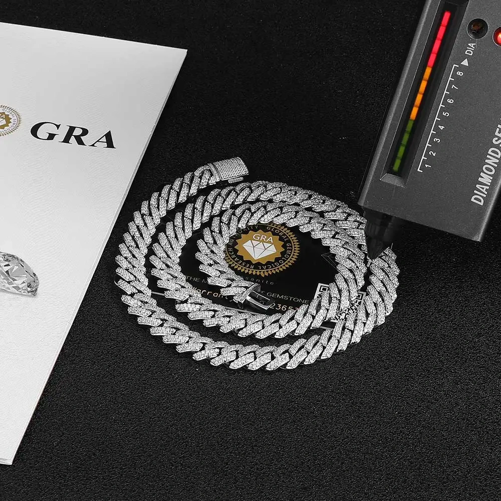 Hip Hop Jewelry Pass Diamond VVS Double Row 10MM S925 Sterling Silver Necklace Moissanite Miami Cuban Link Chain For Men