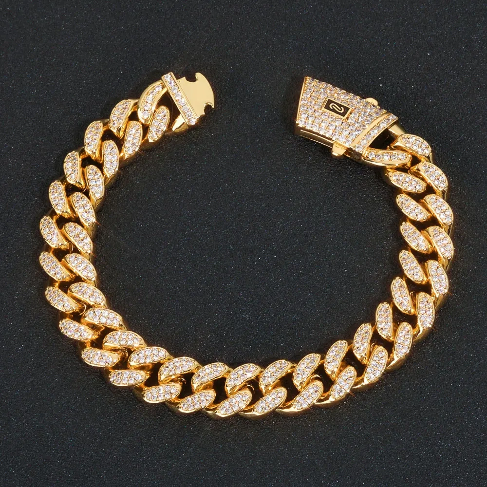 ESKEEM 12mm Full Iced Diamond Monaco Bracelet 18K Gold Plated Miami Two Rows Cubic Zirconia Cuban Link Chain Hip Hop Jewelry Men