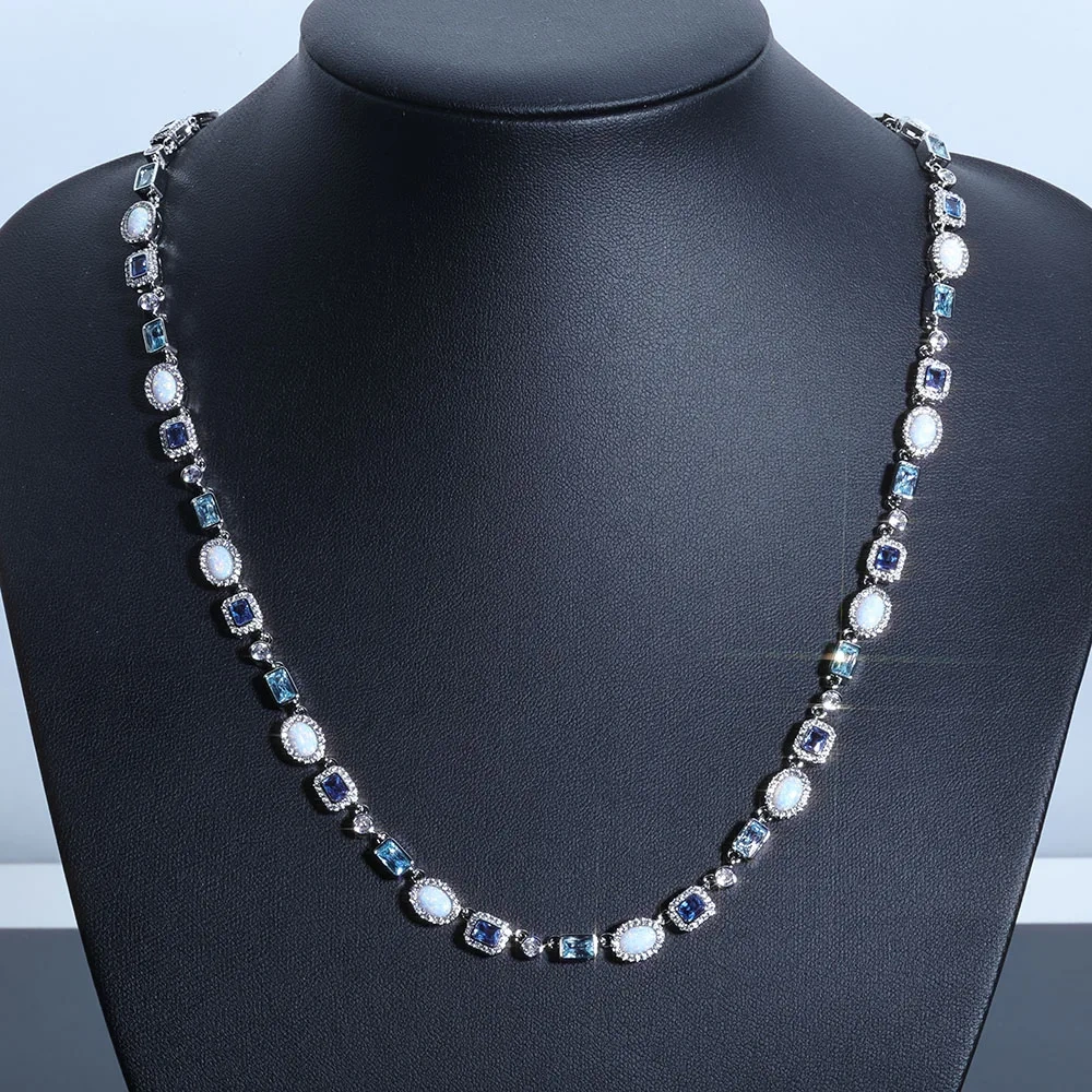 ESKEEM 6mm Geometric Gemstone Motif Iced Out Blue Chain Multicolor CZ Stones White Gold Plated Diamond Necklace Hip Hop Jewelry