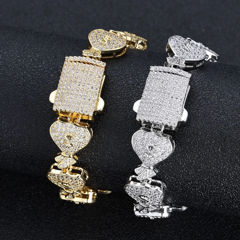 ESKEEM Hip Hop Fashion Jewelry Full Iced $ Money Bag Link Bracelet Handmade Inlay Diamond 5A Zircon Women's Cuban Bracelet ﻿