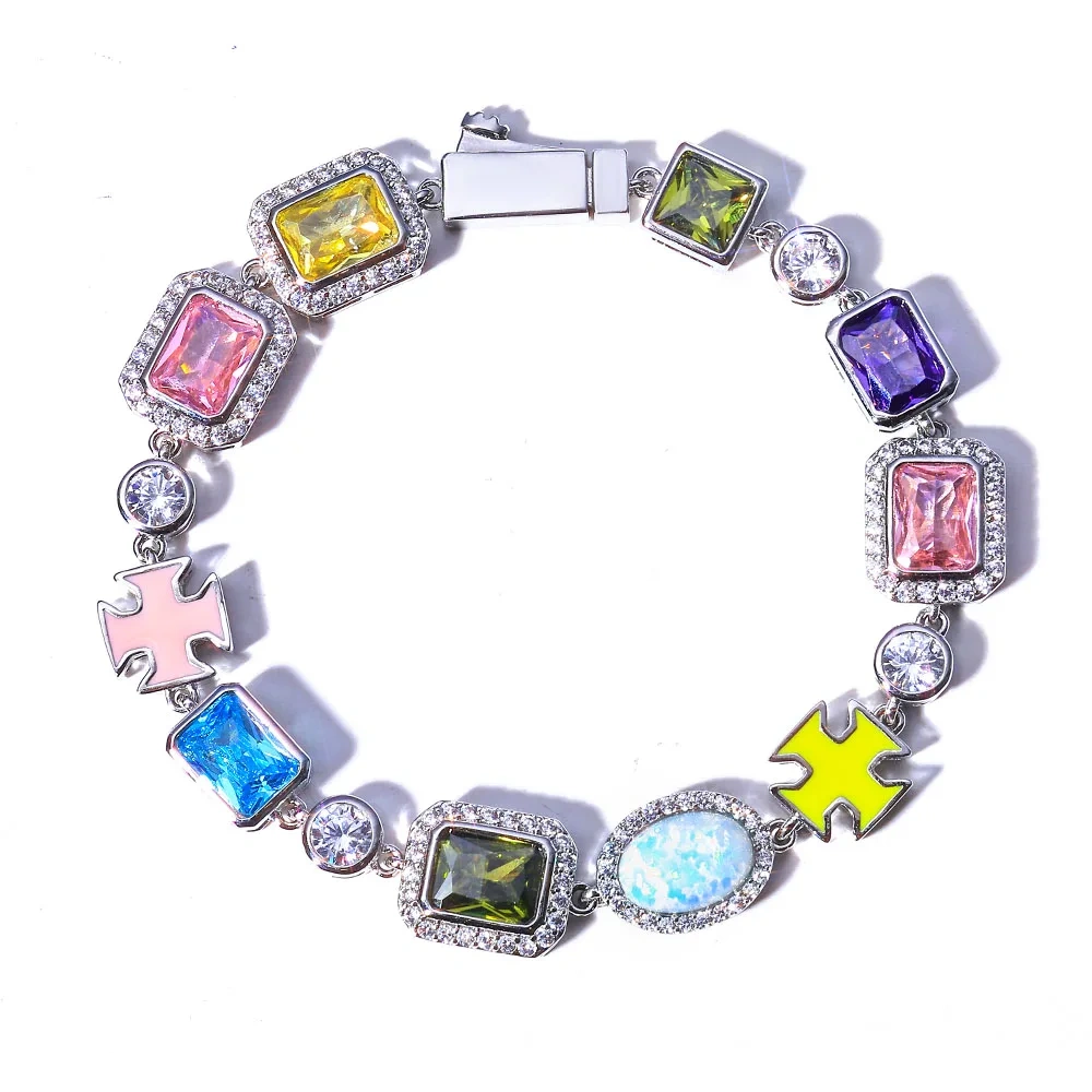ESKEEM 6/7/10/15mm Iced Out Colorful Gemstones Chain Necklaces for Women Men Fashion Jewelry Enamel Cross Bracelet