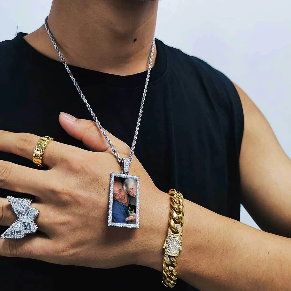 Custom Made Photo Rectangle Shape Pendant Necklace Zircon Men's Hip Hop Jewelry Memory Picture Pendant For Men Gift