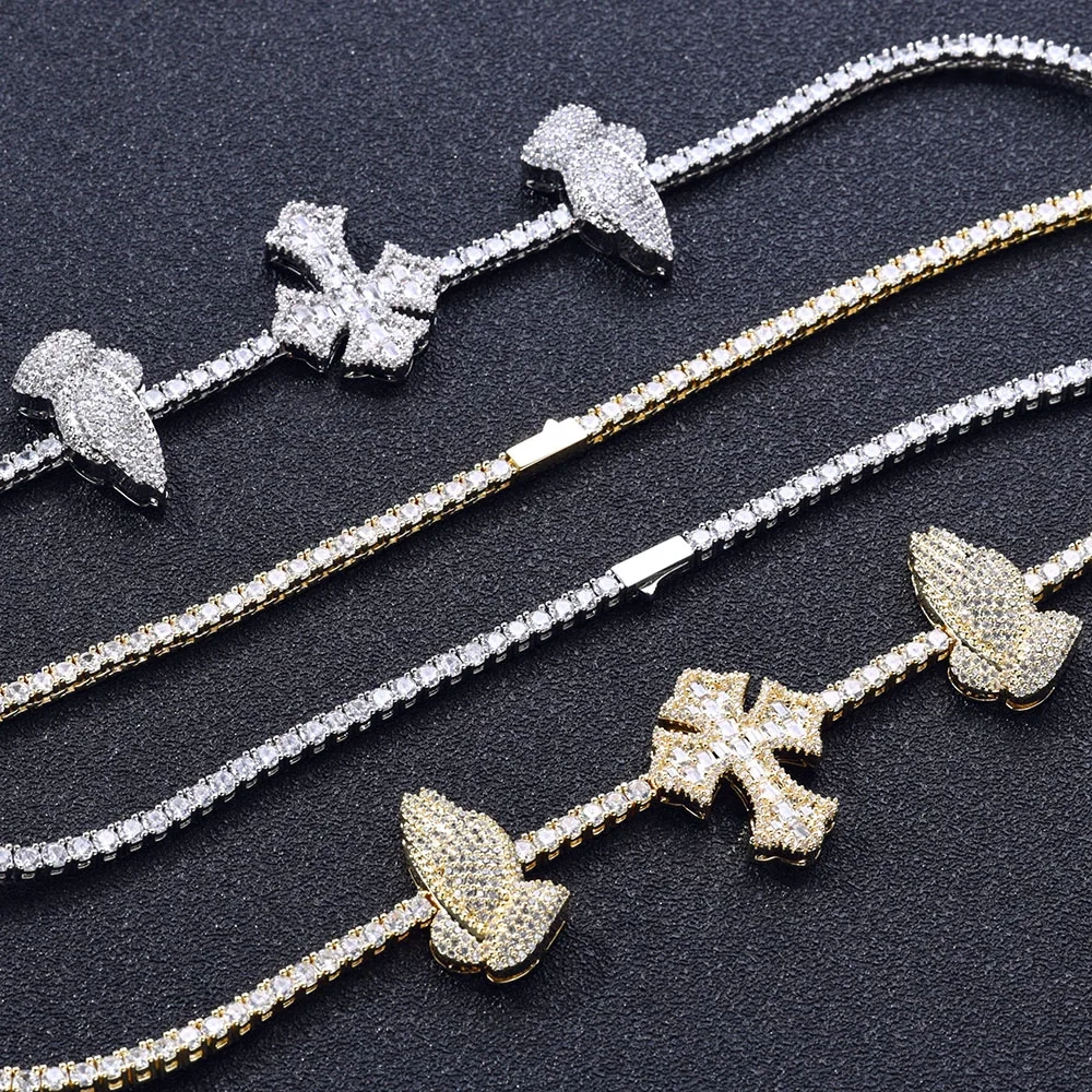 ESKEEM Hip Hop Cross Tennis Necklace High Quality Sparkling 5A Cubic Zirconia Praying Hand Cross Charm Tennis Chain Dropshipping