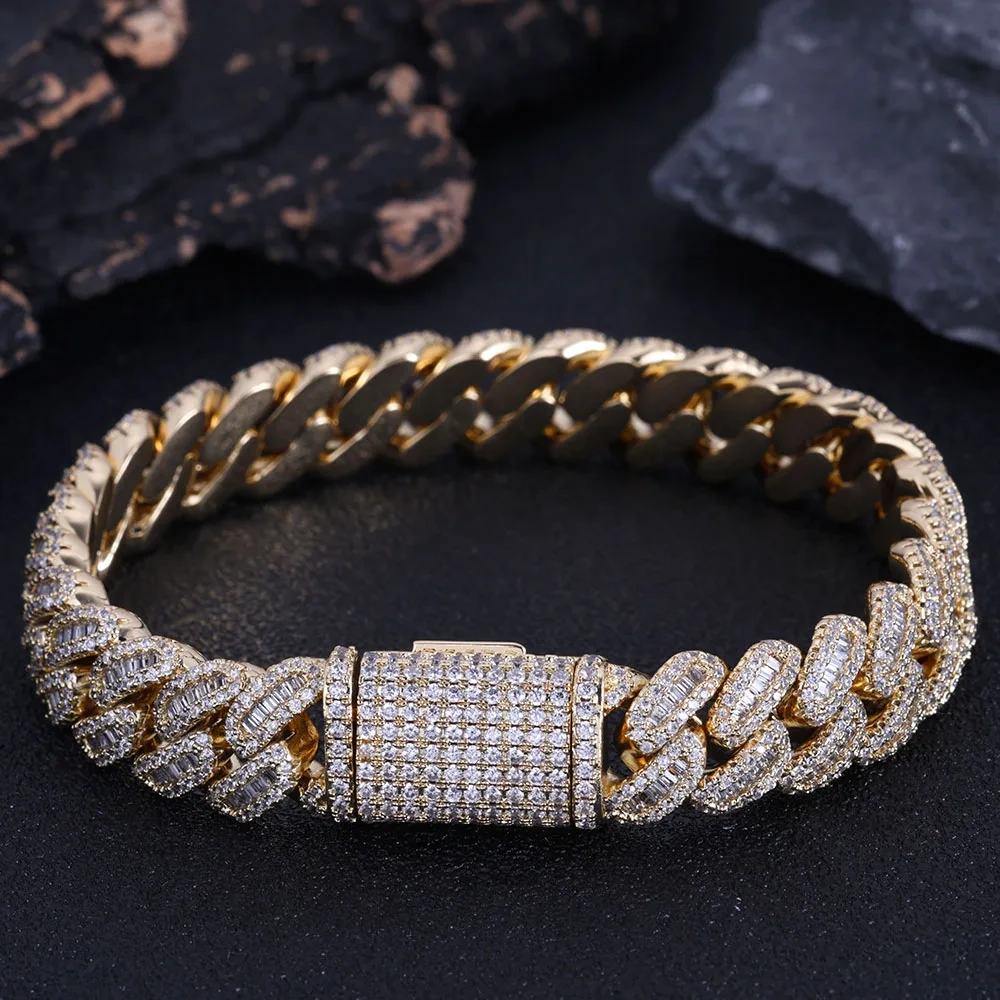 Hip Hop Jewelry Baguette Cuban Link Chain Iced Out Mixed Inlay Simulated Diamond Stones Bling 12mm Miami CZ Necklace Men's Gift