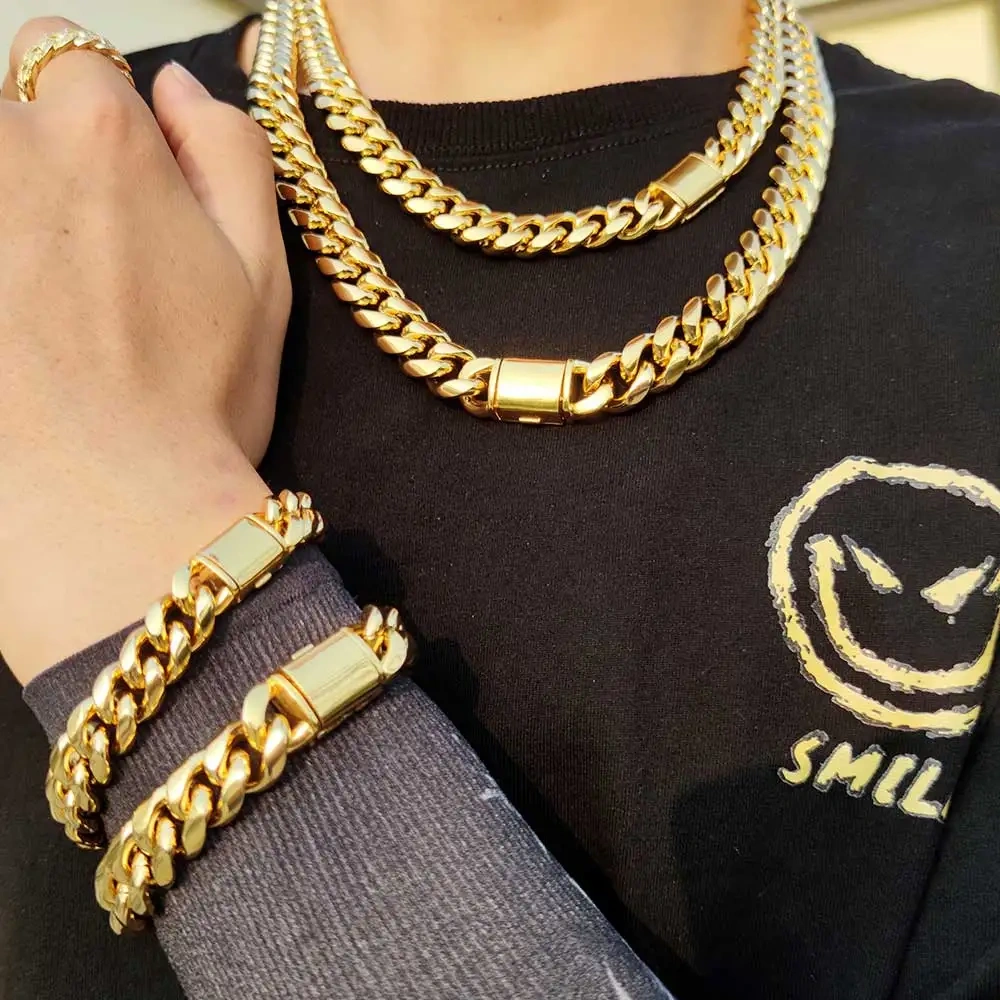 ESKEEM Hip Hop Fashion Jewelry 8/10/12/14MM PVD Plating Necklace Stainless Steel Chunky Cuban Link Chains Miami For Men Gift