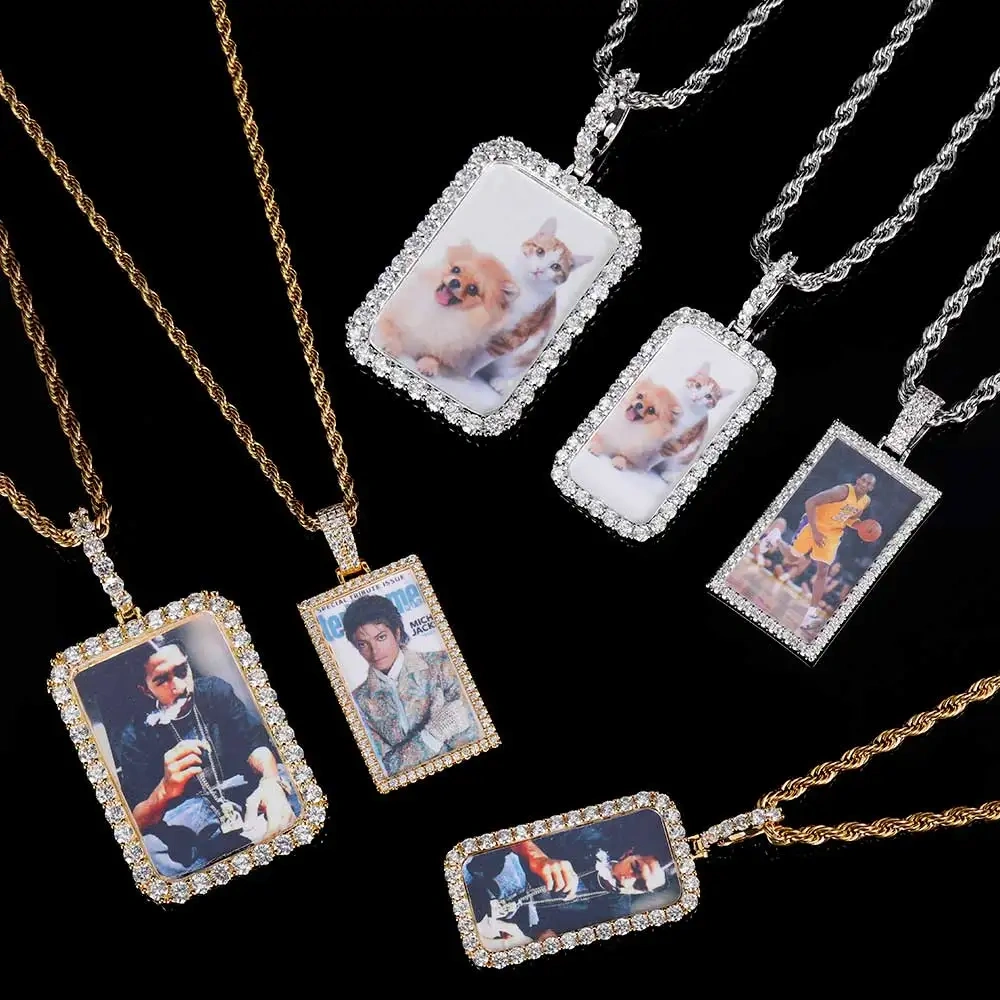 Custom Picture Necklace for Men Personalized Medallions Rectangle Photo Pendant Solid Back Zircon Hip Hop Jewelry