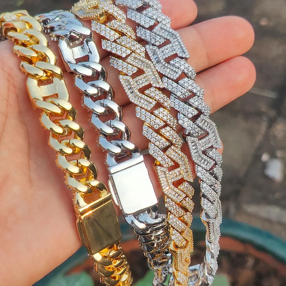 Hip Hop 15mm Iced Out Cuban Link Chain Shiny CZ Stone Pink Two Color Plated Pig Nose Cuban Necklace For Women Men