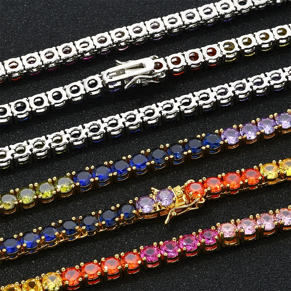 New 5mm Iced Out Bling Rainbow Colorful Cubic Zirconia CZ Tennis Chain Women Men Charm Choker Necklace Jewelry Gift