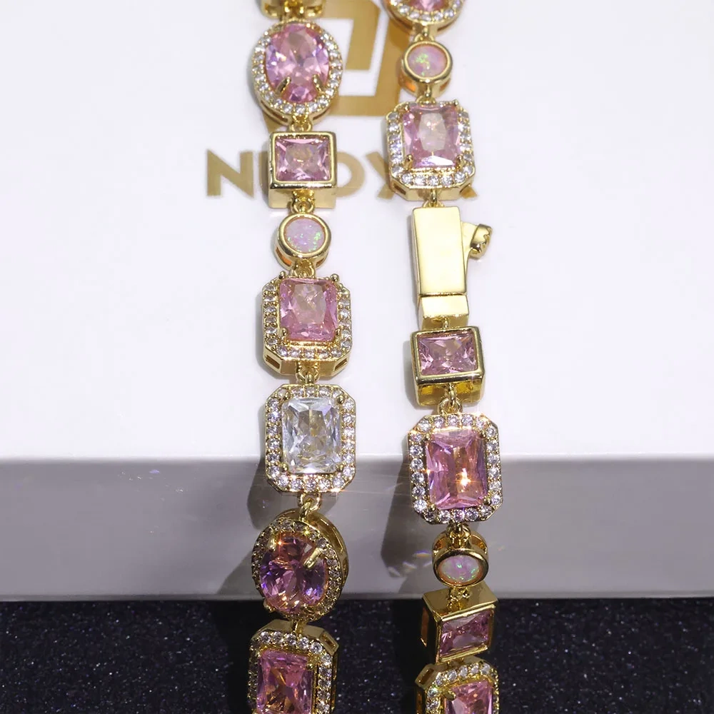 ESKEEM 10mm Opal Custom Bling Pink Cz Stone Chain Silver Gold Plated Necklace Geometric Gemstone Motif Iced Out Link Chain