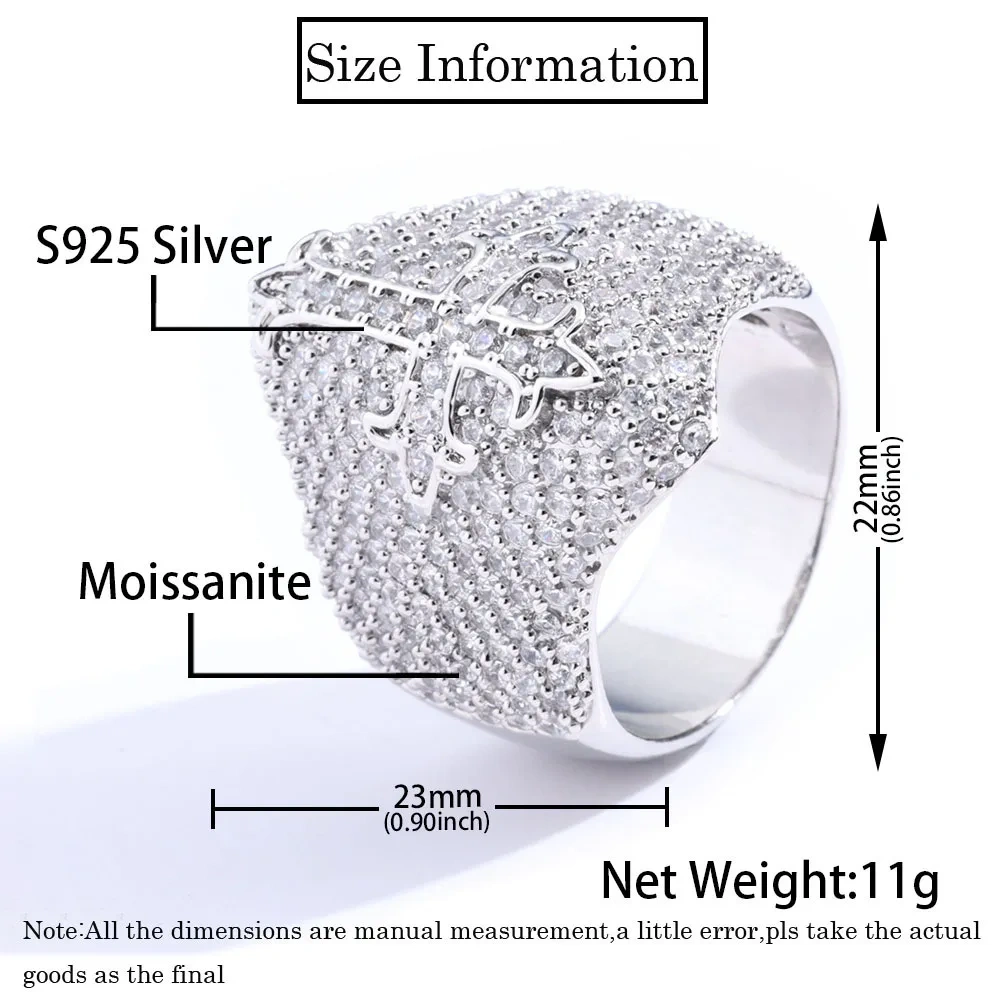 ESKEEM Hot Selling GRA Certificate High Quality 925 Silver Fine Jewelry Iced Out Hip Hop Ring Cross Moissanite Men Rings