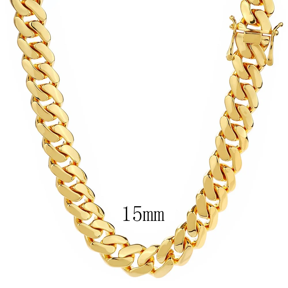 Hip Hop Jewelry 15mm Width 18k Gold Plated Classics Cuban Link Chain Smooth Miami Chunky Necklaces for Men Women