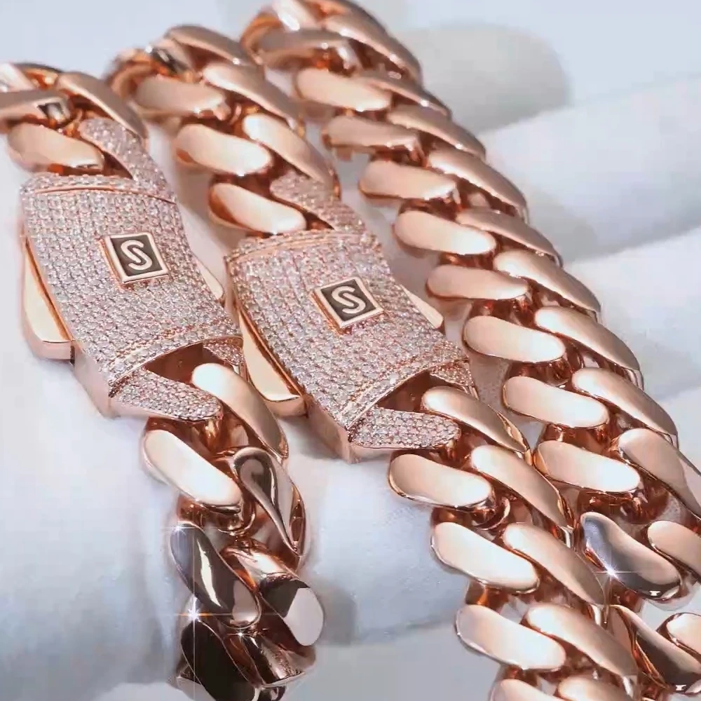 ESKEEM Hiphop Jewelry Rose Gold Plated Monaco Necklace Iced Out Diamond Clasp Flat Thick Cuban Link Chain Choker for Men