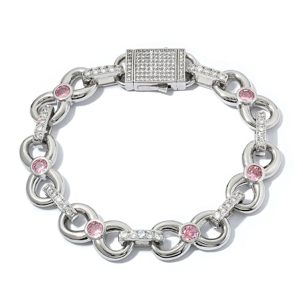 12MM Gold Plated CZ Zircon Diamond Link Chain Hip Hop Brass Metal Pink Stone Charm Cuban Link Chains for Women