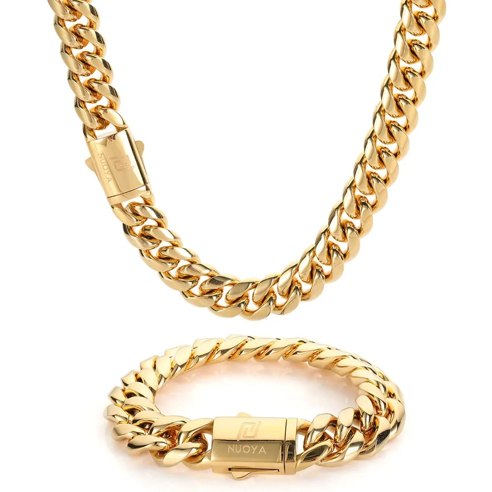 Hip Hop PVD Plated Stainless Steel Cuban Necklace with Snap Clasp Men Miami Cuban Link Chain Jewelry For Girls Free Laser Logo