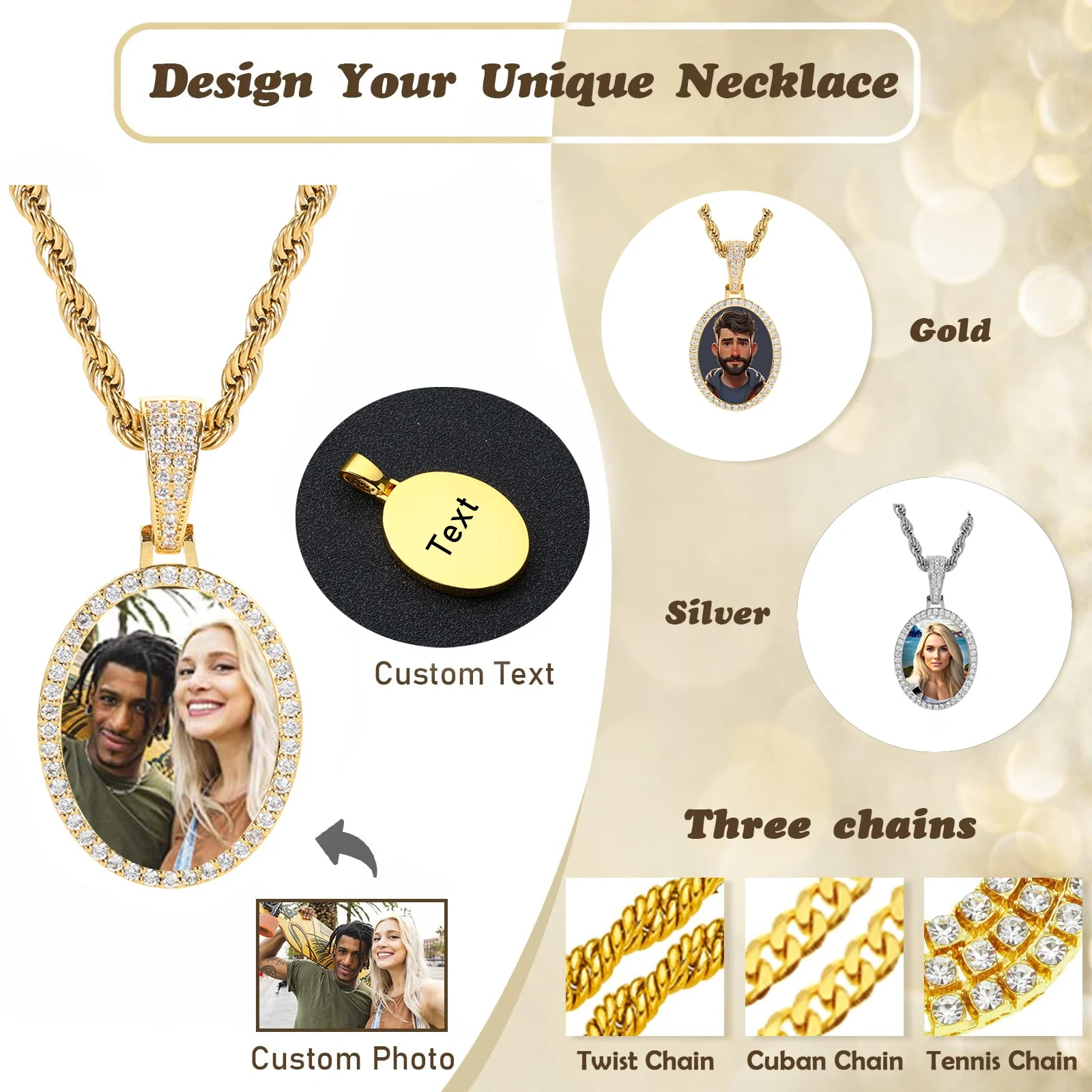 Hip Hop Iced Out DIY Photo Frame CZ Pendant Custom Ellipse Picture Pendant Necklace Personalized Women Men Rapper Jewelry