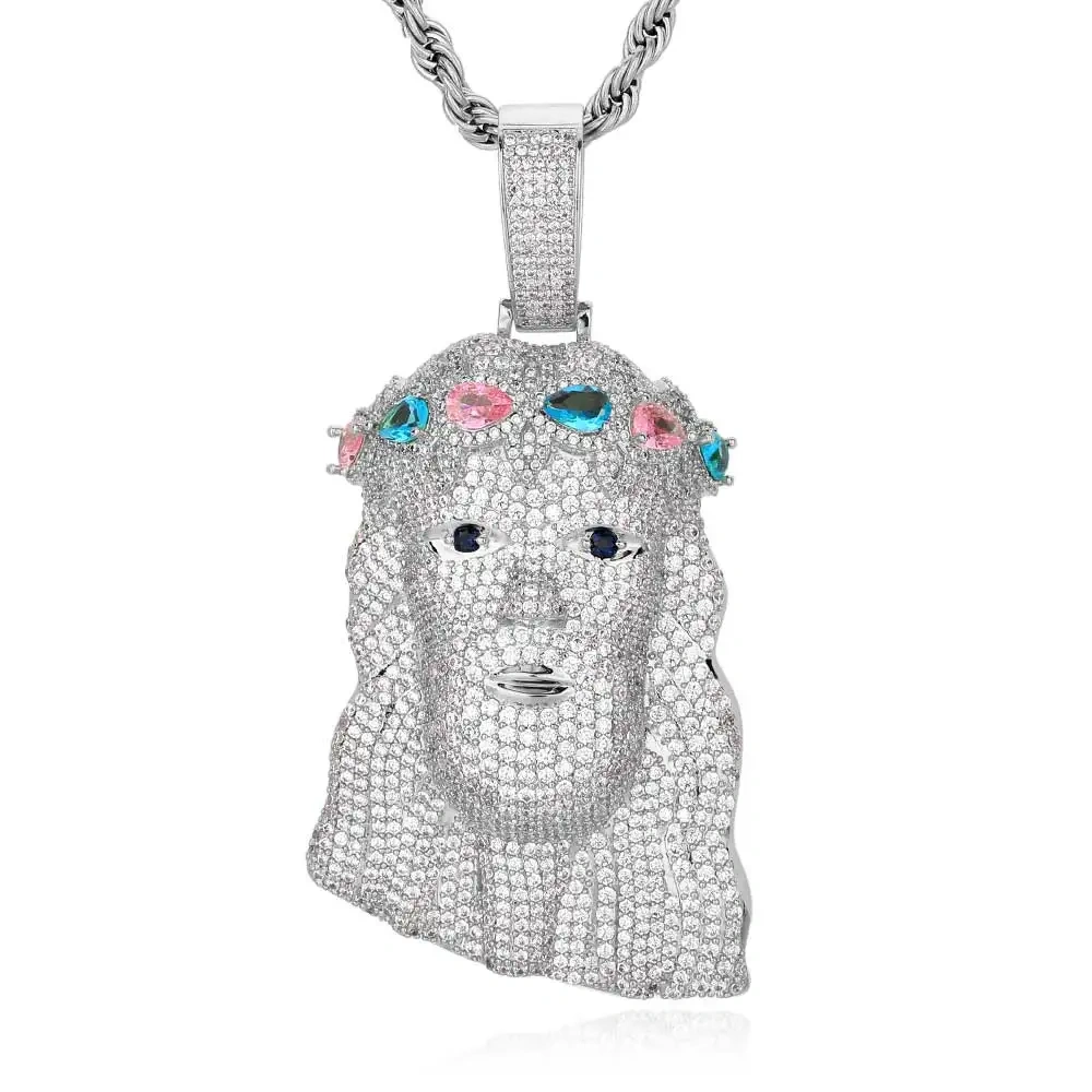 Mens Diamond Jesus Head Inlaid Colorful Zircon Silver Gold Face Christ Big Pendant For Gift Drop Shipping