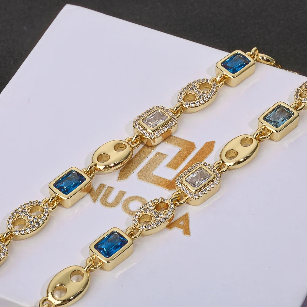 ESKEEM Sparkly Royal Blue/Sea Blue Tennis Chain New Iced Diamond Cubic Zirconia Pig Nose Link Necklace for Men Women