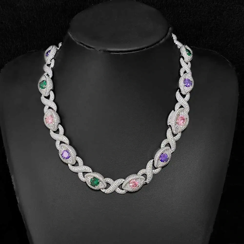 Fashion Hip Hop Punk Evil Style 15mm Iced Out Cubic Zircon Colour Eye Infinity Chain Necklace Hiphop Bracelet Jewelry