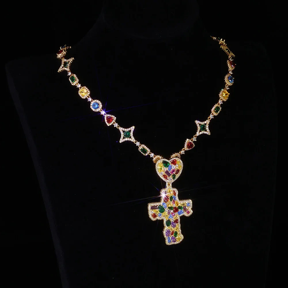 ESKEEM New Colorful Cubic Zirconia Cross Pendant Bling CZ Diamond Iced Out Charm Necklace Hip Hop Jewelry Christmas Day Gift