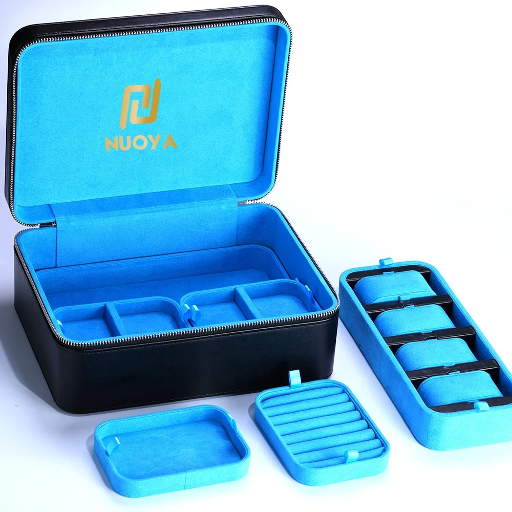 High Quality Box Custom Logo Real Leather Big Jewelry Case With Many Trays Black Leather Suede Lining Jewelry Box Organizer