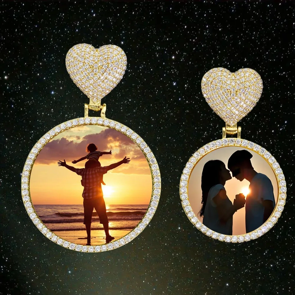 Custom 35/45mm Circle Chain Medal Disc Photo Pendant With Heart Clasp Memory Picture Pendant Engrave Name HipHop Fashion Jewelry