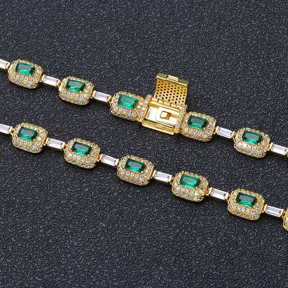 Round Square Green CZ Cluster Bead Link Chain Full Iced Out Bling Emerald Diamond Tennis Necklace For Valentine's Day Gift