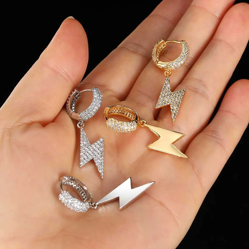 Iced Out Lightning Jewelry Hip Hop For Men Bling Hoop Drop Earrings