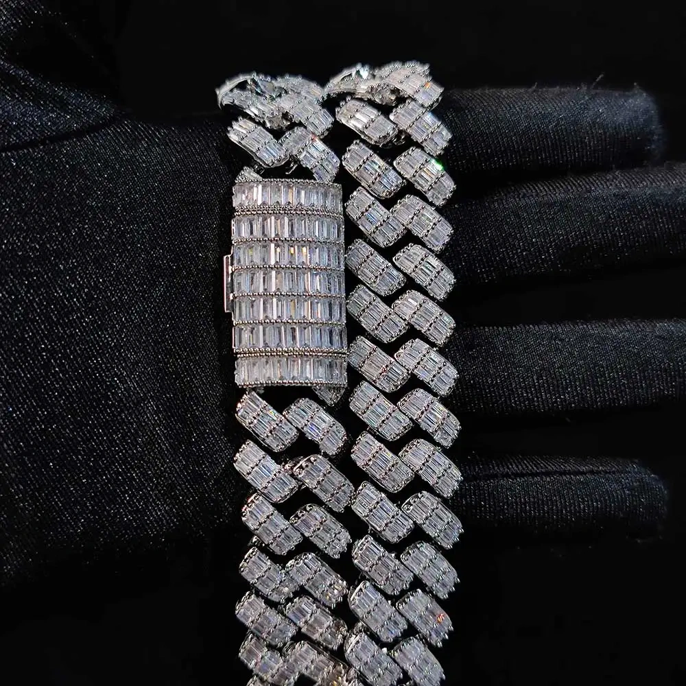 18/19MM Thick Mix Baguette Iced Out Cuban Link Chain Rapper Hip Hop Jewelry CZ Diamond Chain Necklace For Men