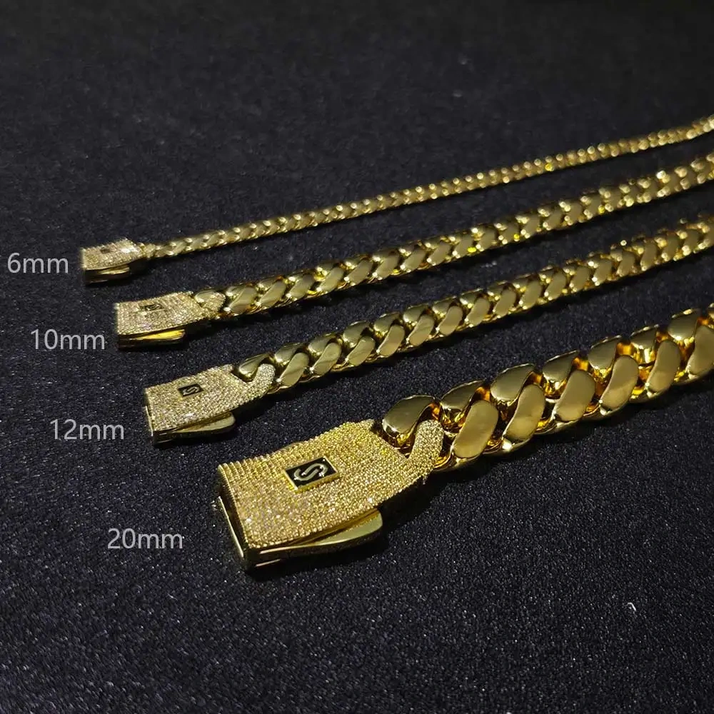 6/8/10/12/15/20mm Monaco Cuban Chain Necklace Hip Hop 14k Gold Plating Cuban Chain Bracelet Hip Hop Jewelry