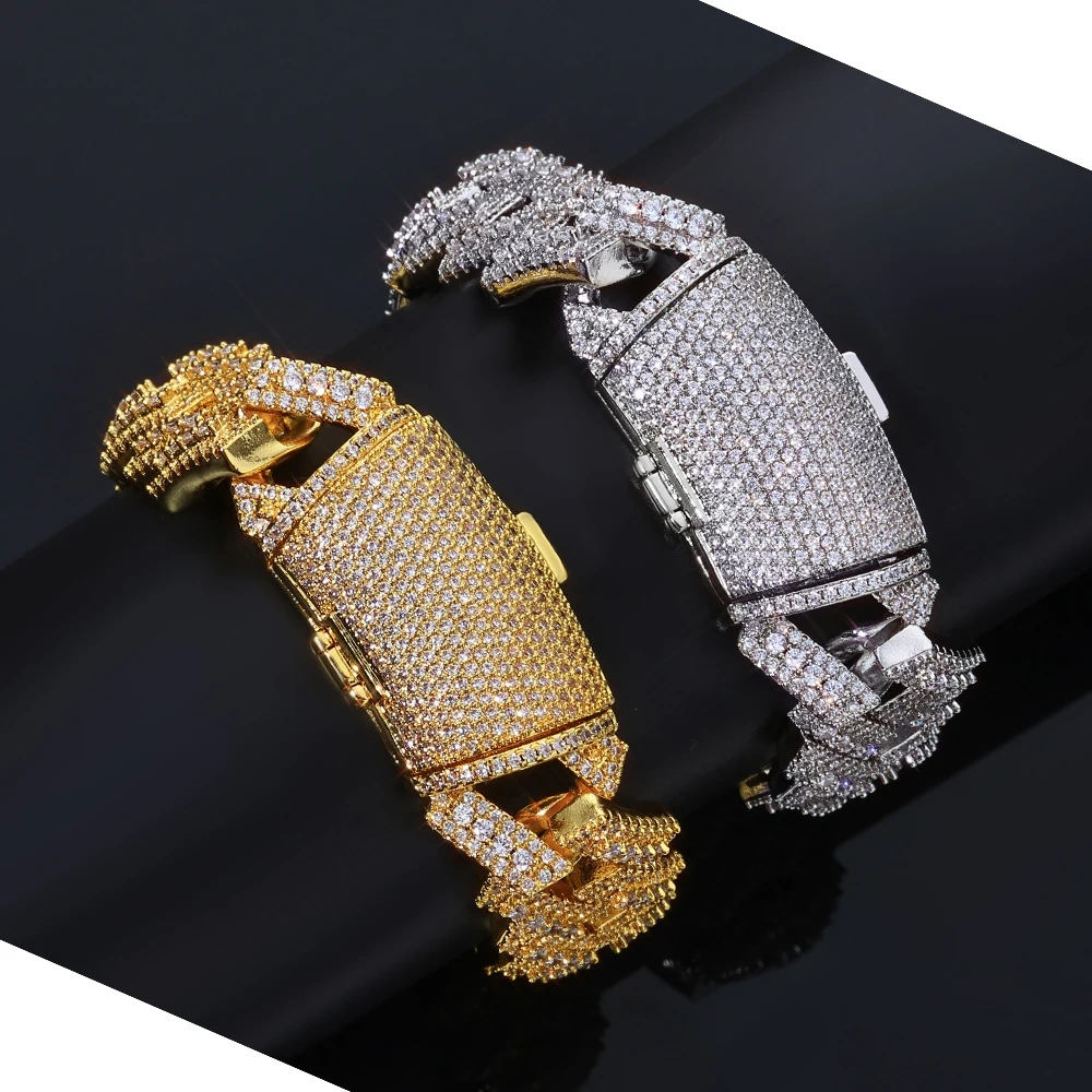 ESKEEM 18mm Shiny 3 Row Diamond White Gold Cuban Bracelet for Men Full Prong Iced Out Cuban Link Chain Hip Hop Jewelry