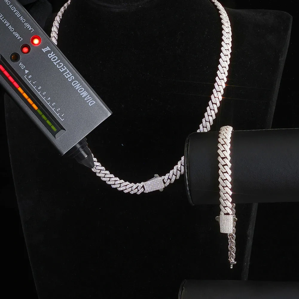 ESKEEM 8mm Moissanite Cuban Chain Shining Brightly D Color VVS 925 Silver Sterling Moissanite Cuban Necklace Hip Hop Jewelry