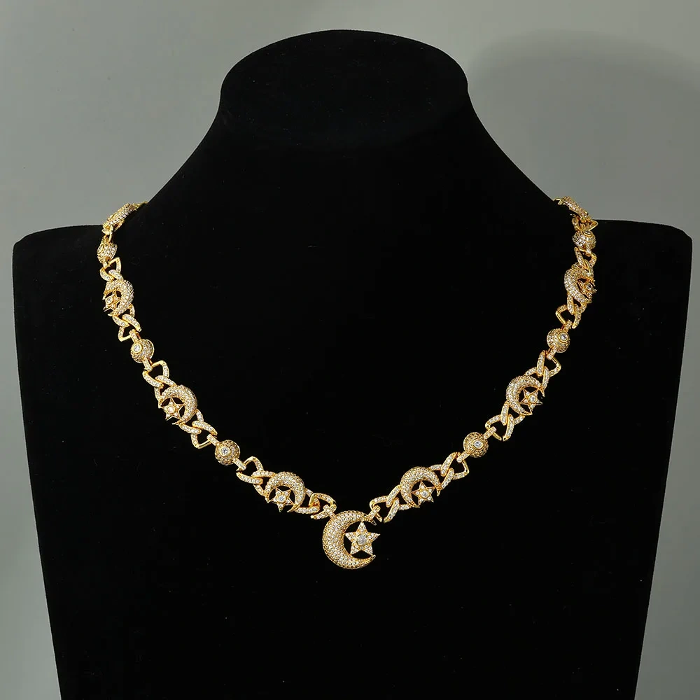 Hip Hop Iced Out CZ Necklace Sparkling Luxury Moon and Star Special Design Party Cuban Chain Jewelry For Men Women Gift