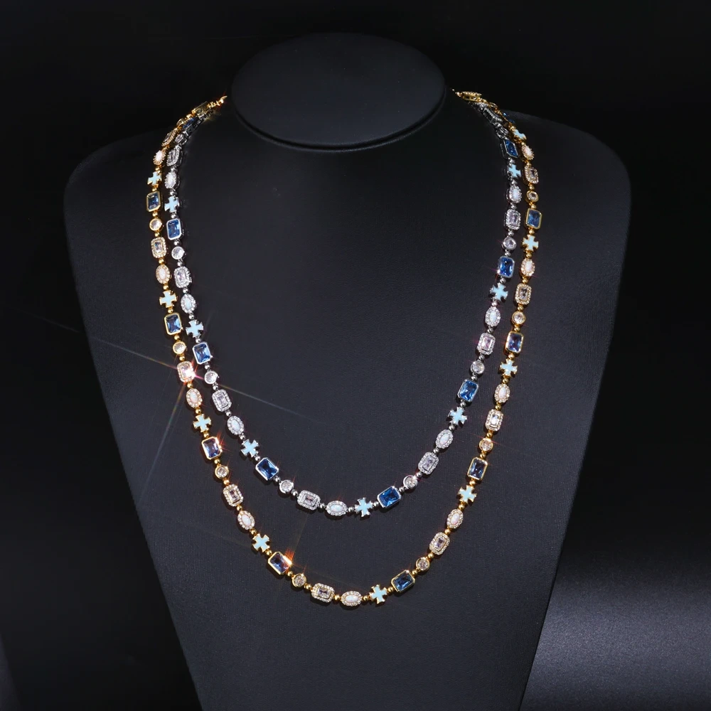 ESKEEM 6mm Geometric Blue Gemstone Necklace Oil Drip Cross Pendant Iced Out CZ Stones Opal Chain Hip Hop Jewelry Men Women Gift