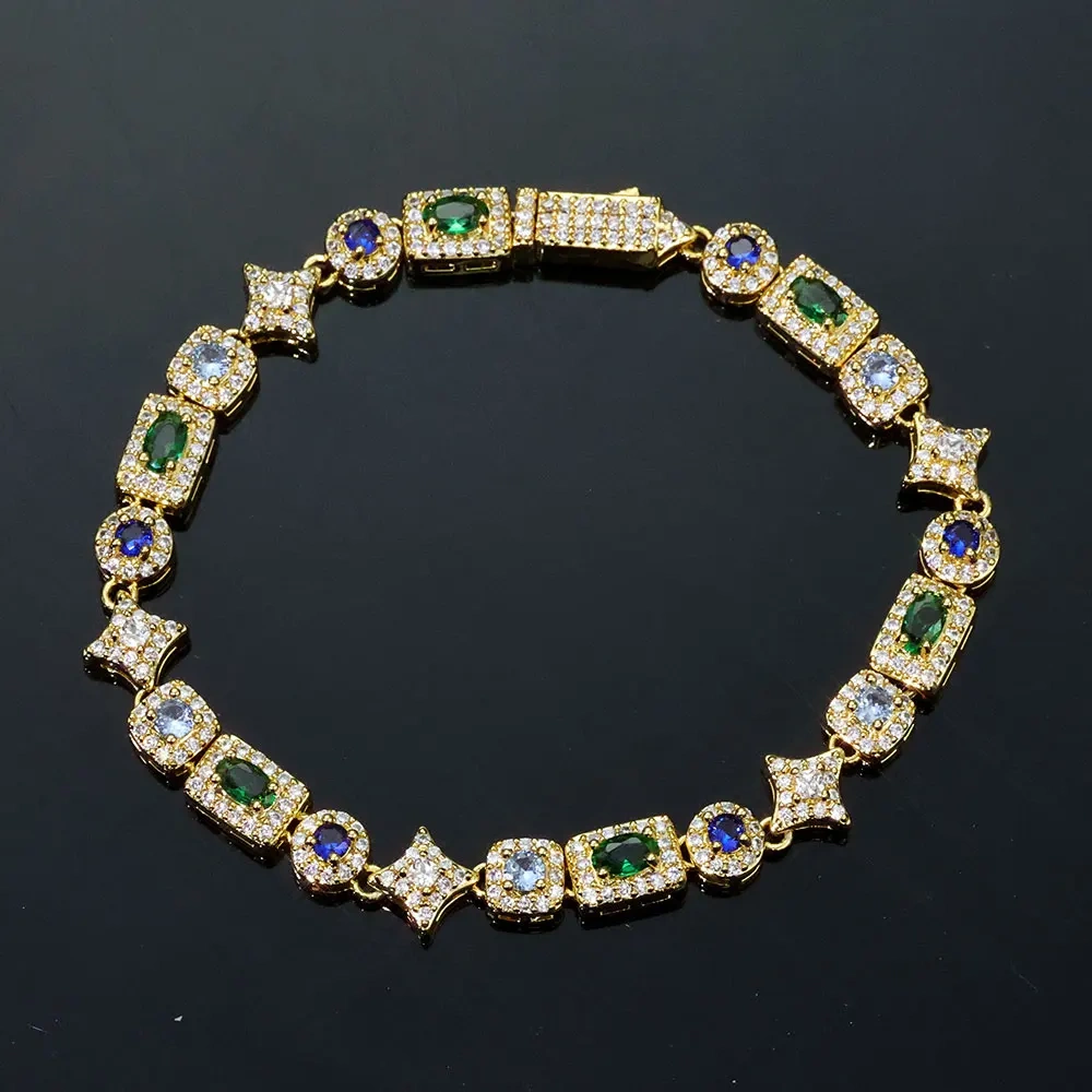 ESKEEM High Quality 6mm Iced Out Diamond Star Bracelet Colorful Geometric Zircon Brass Chain Hip Hop Fine Jewelry Gift