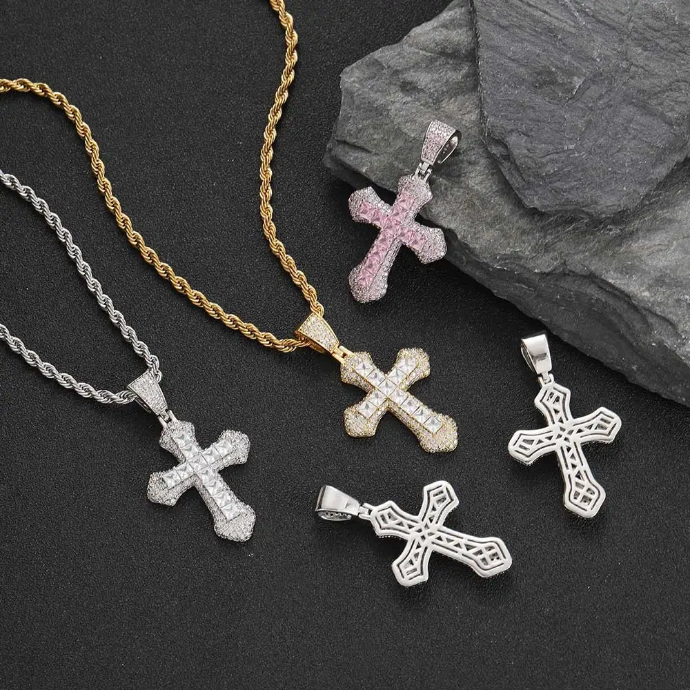Hip Hop Iced Out Cubic Zircon CZ Pendant Necklace Bling Cross Rapper Rock Fashion Jewelry For Women