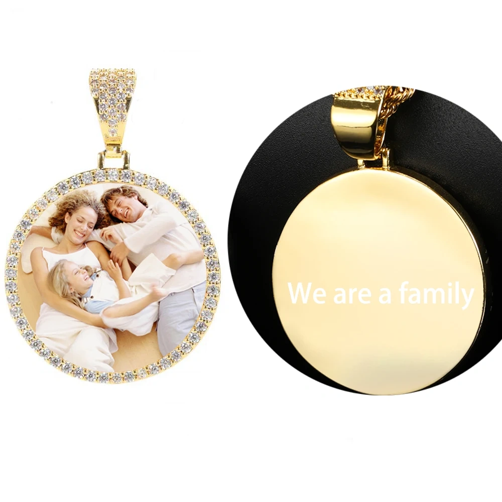 Personalized Photo Medallion Bling Stone Necklace Pendant Custom Memory Picture 35MM Circle Hip Hop Jewelry Pendant