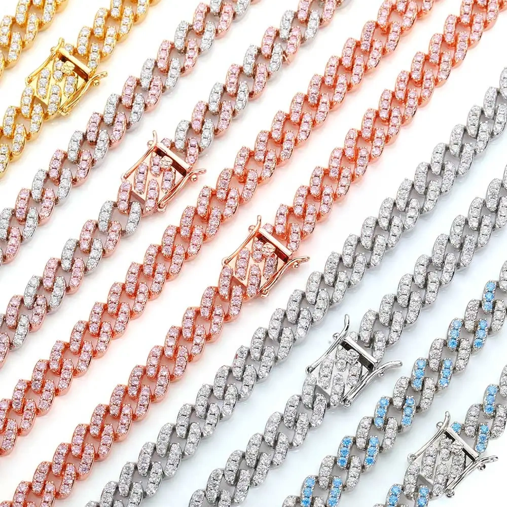 9mm Miami Cuban Link Necklace For Men Women Iced Out Pink/Blue CZ Stone Chain Hip Hop Luxury Fashion Classic Jewelry