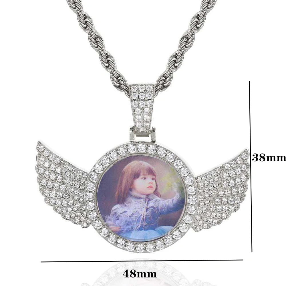 Dropshipping Hip Hop Personalized Pendant Bling CZ Memorial Picture Necklace Photo Custom Angel Free Engrave Wing Pendants
