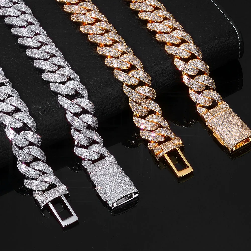 ESKEEM 20MM 3Rows Baguettes Diamond Miami Cuban Chain For Men Women Iced Out CZ Cuban Link Necklace Hip Hop Jewelry ﻿