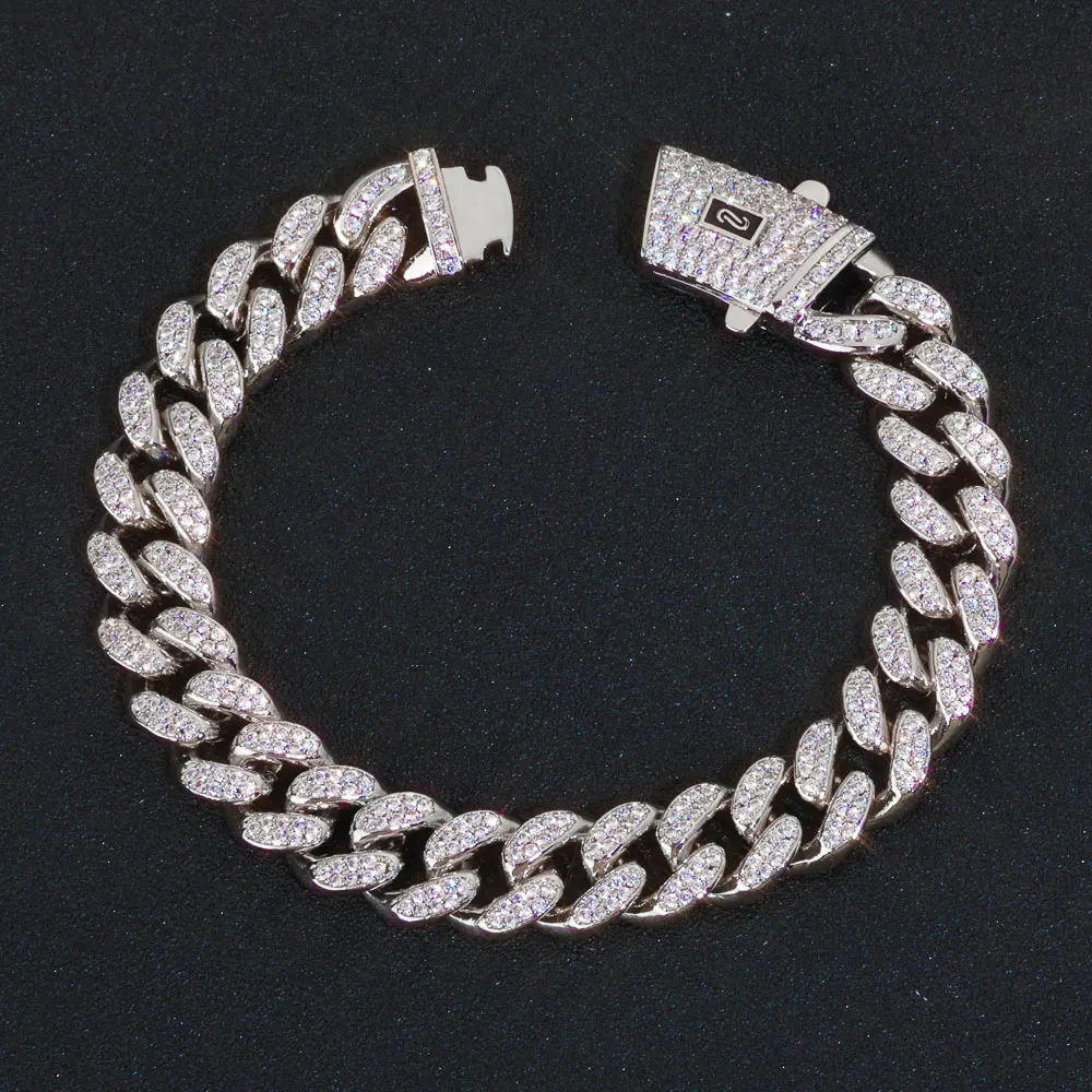 ESKEEM 12mm Full Iced Diamond Monaco Bracelet 18K Gold Plated Miami Two Rows Cubic Zirconia Cuban Link Chain Hip Hop Jewelry Men