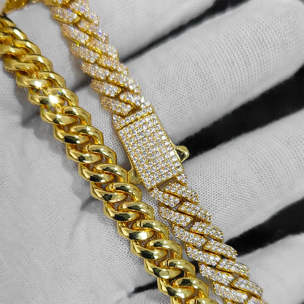 NUOYA Custom Logo Clasp 8mm Diamond Cuban Chain Necklace 18K Gold Plated Prong Cuban Link Chain Hip Hop Fashion Jewelry