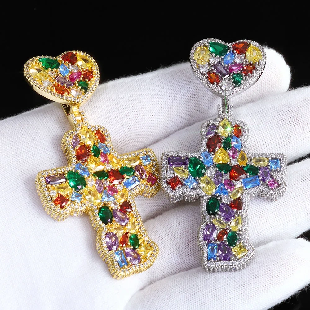 ESKEEM New Colorful Cubic Zirconia Cross Pendant Bling CZ Diamond Iced Out Charm Necklace Hip Hop Jewelry Christmas Day Gift
