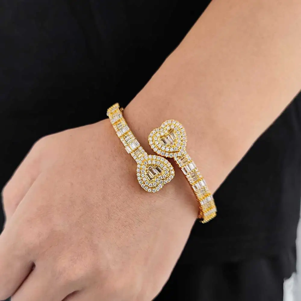 Fashion Hip Hop Jewelry Full Iced Out Heart Baguette CZ Bangle Bracelet Bling Bling Diamond Couple Bracelet 18K Gold Plated