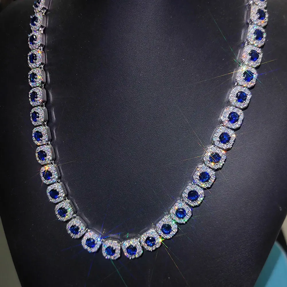 12mm Hip Hop Jewelry Pink/Treasure Blue/Sea Blue Girl Cluster Tennis Chain Cubic Zirconia Bling Diamond CZ Necklace For Women