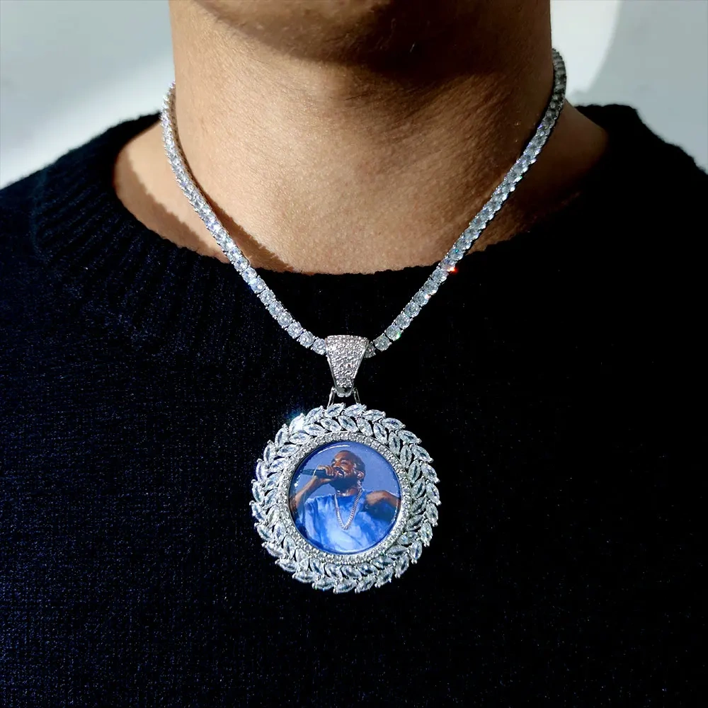 Hip Hop Iced Out Jewelry Picture Custom Pendant Blank Zircon Medallion Photo Necklace Free Item Engraving Logo And Shipping