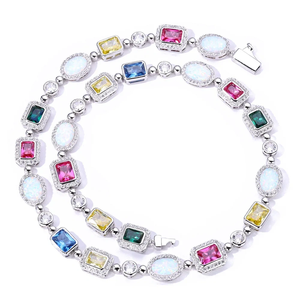 S925 Sterling Silver Rainbow Choker Multi Color Gemstone Beaded Necklace Iced Cubic Zirconia Opal Chain Waterproof Jewelry