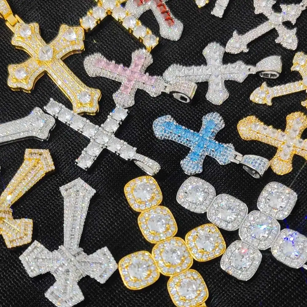 Hip Hop Jewelry Charm Women Cross Christian Jesus Bling Iced Out Copper Zircon Color Pendant Necklace