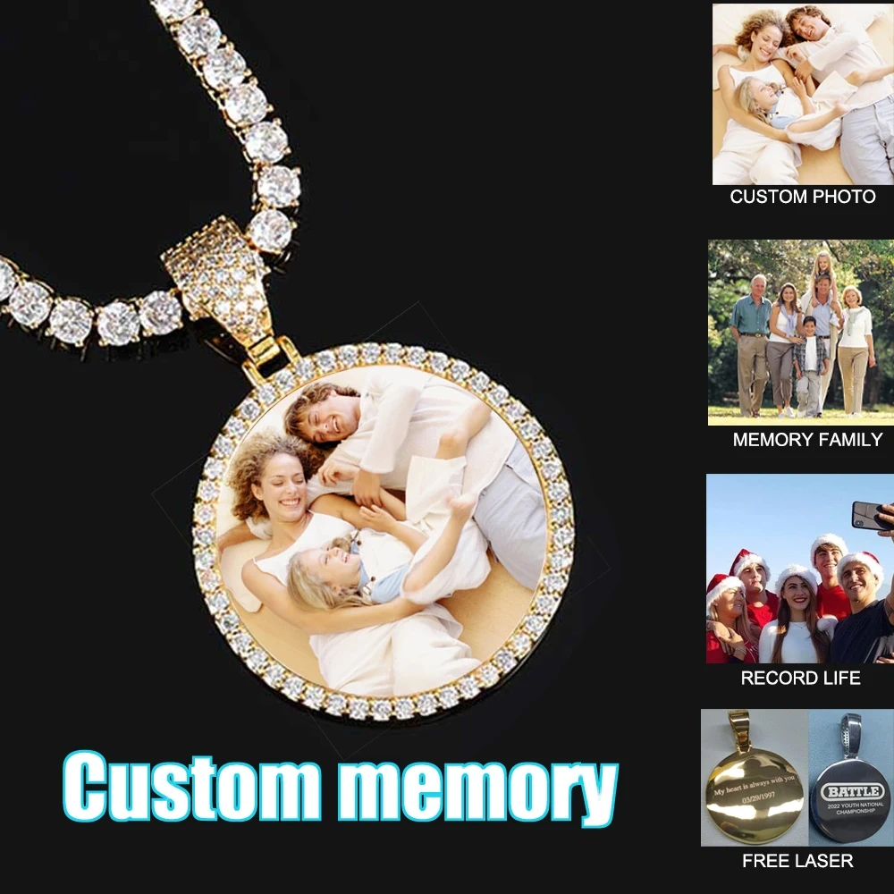 Personalized Photo Medallion Bling Stone Necklace Pendant Custom Memory Picture 35MM Circle Hip Hop Jewelry Pendant