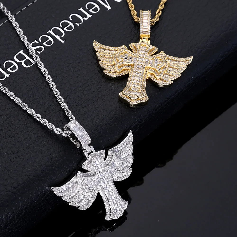 New 925 Sterling Silver Wings Cross Pendant Inlaid With VVS Moissanite Diamond Popular Hip-hop Cross Necklace Jewelry