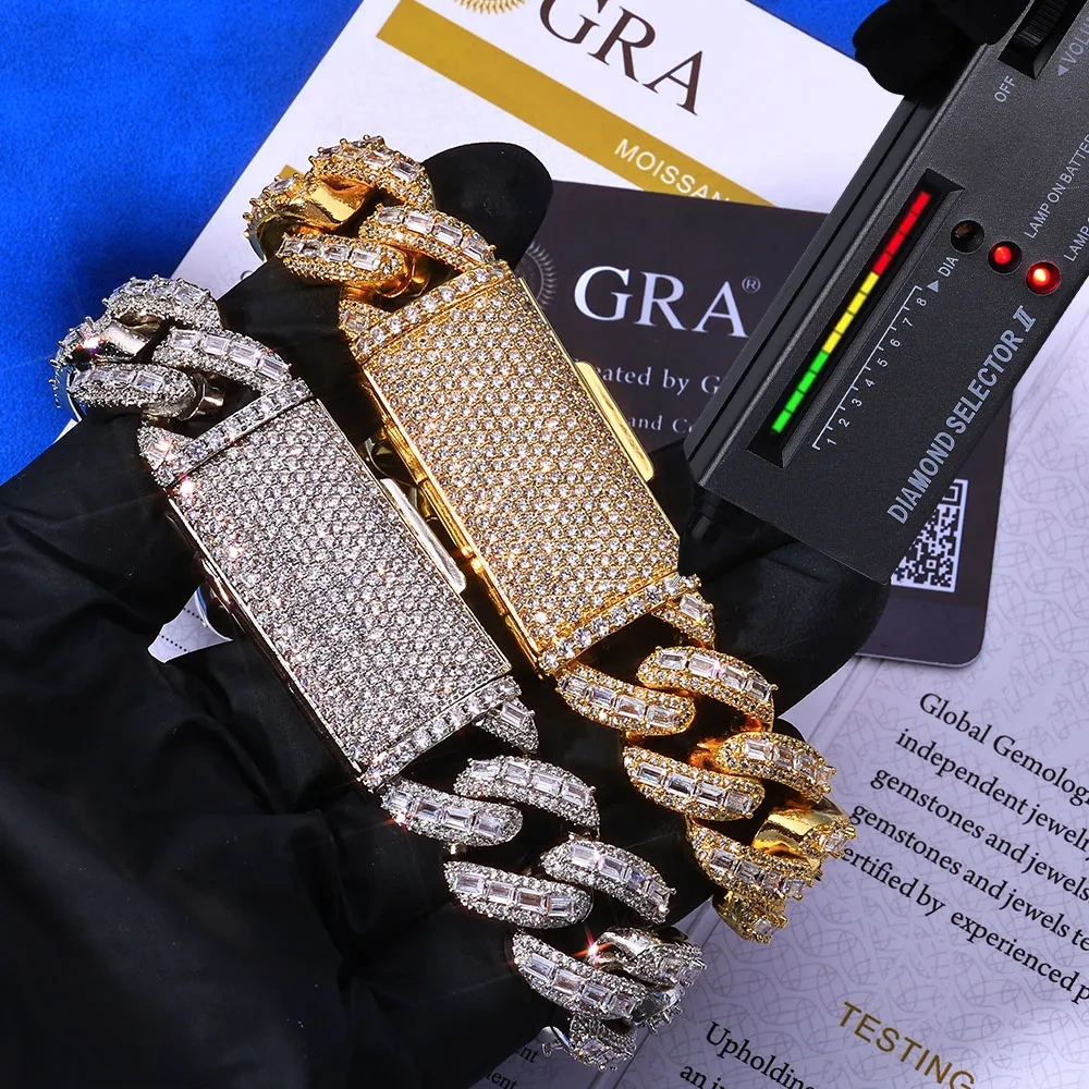 NUOYA 18mm 3 Row Moissanite Cuban Link Chain 925 Silver Full Iced Out VVS Moissanite Bracelet Hip Hop Jewelry